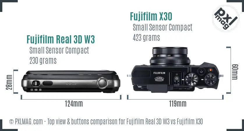 Fujifilm Real 3D W3 vs Fujifilm X30 top view buttons comparison