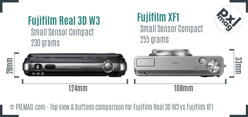 Fujifilm Real 3D W3 vs Fujifilm XF1 top view buttons comparison