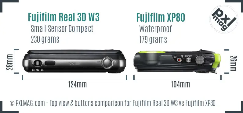 Fujifilm Real 3D W3 vs Fujifilm XP80 top view buttons comparison