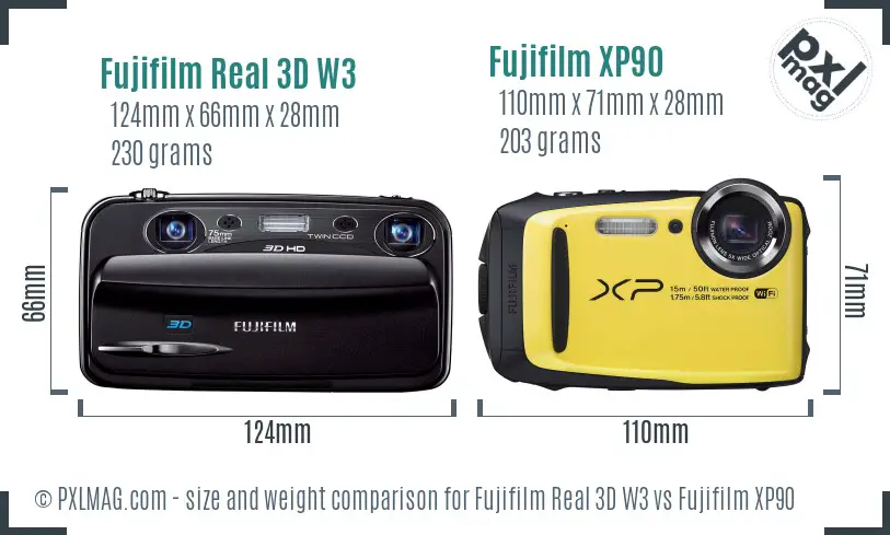 Fujifilm Real 3D W3 vs Fujifilm XP90 size comparison
