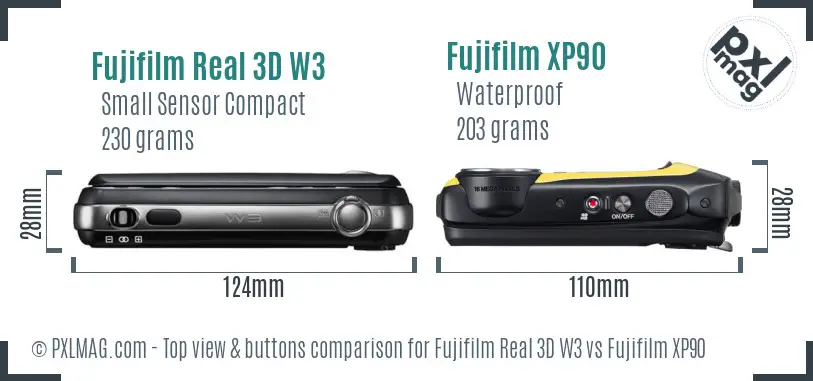 Fujifilm Real 3D W3 vs Fujifilm XP90 top view buttons comparison