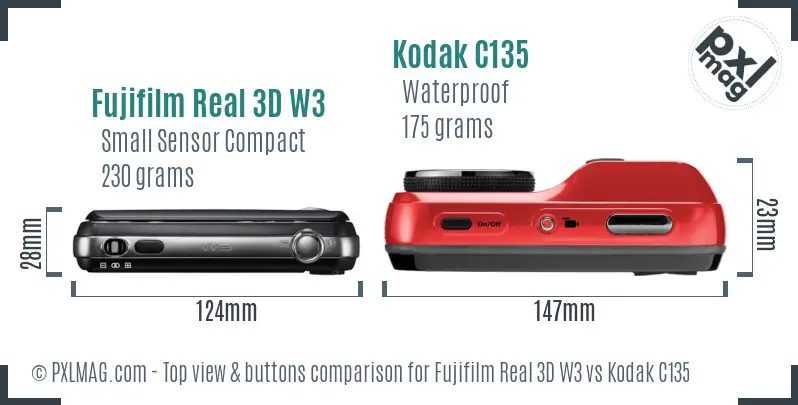 Fujifilm Real 3D W3 vs Kodak C135 top view buttons comparison