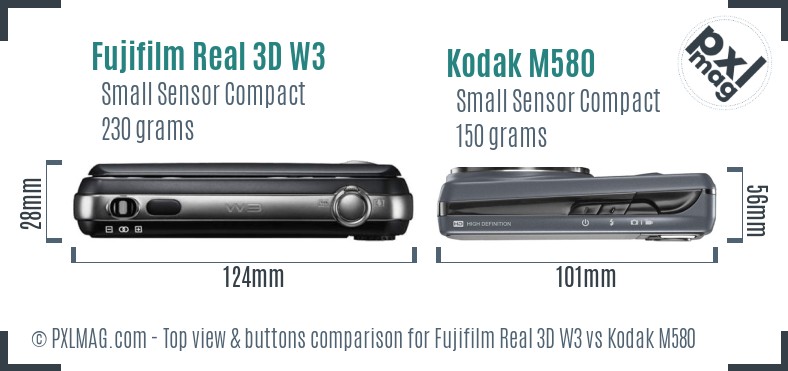 Fujifilm Real 3D W3 vs Kodak M580 top view buttons comparison