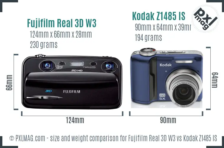 Fujifilm Real 3D W3 vs Kodak Z1485 IS size comparison