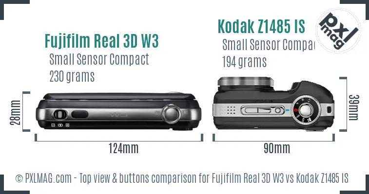 Fujifilm Real 3D W3 vs Kodak Z1485 IS top view buttons comparison