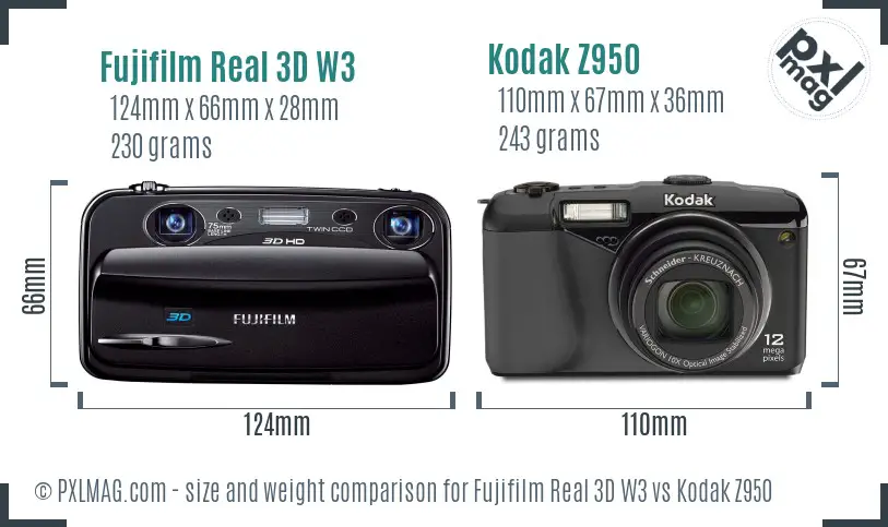 Fujifilm Real 3D W3 vs Kodak Z950 size comparison