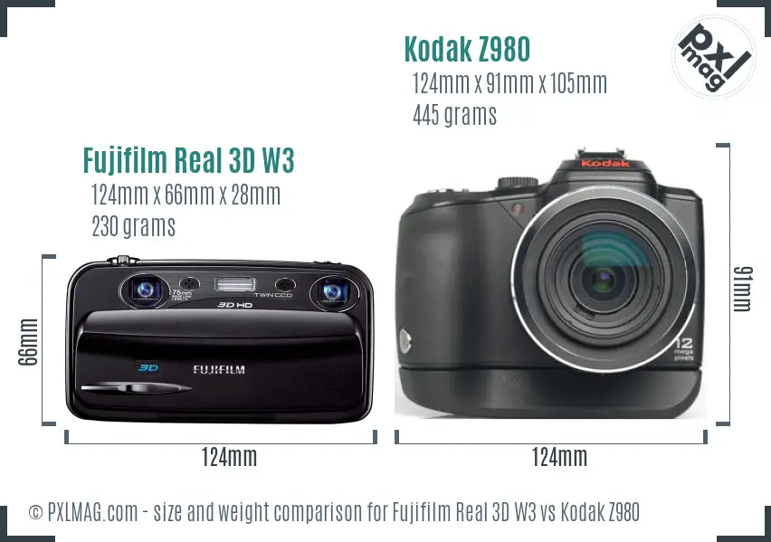 Fujifilm Real 3D W3 vs Kodak Z980 size comparison