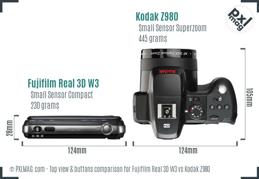 Fujifilm Real 3D W3 vs Kodak Z980 top view buttons comparison