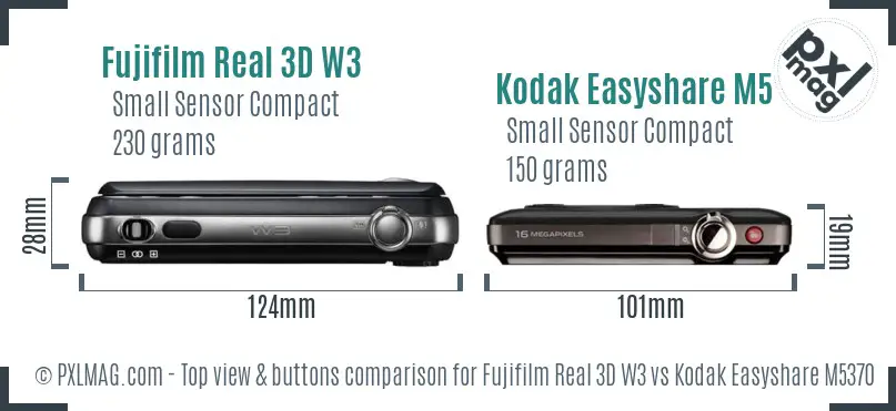 Fujifilm Real 3D W3 vs Kodak Easyshare M5370 top view buttons comparison