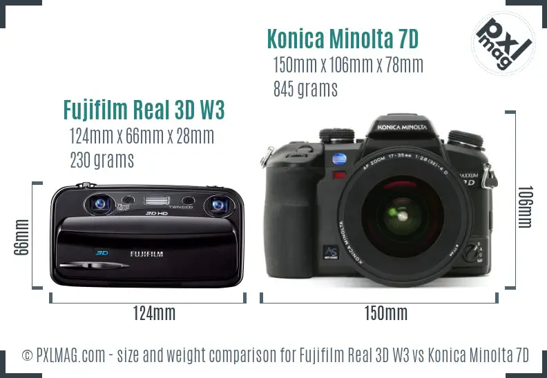 Fujifilm Real 3D W3 vs Konica Minolta 7D size comparison