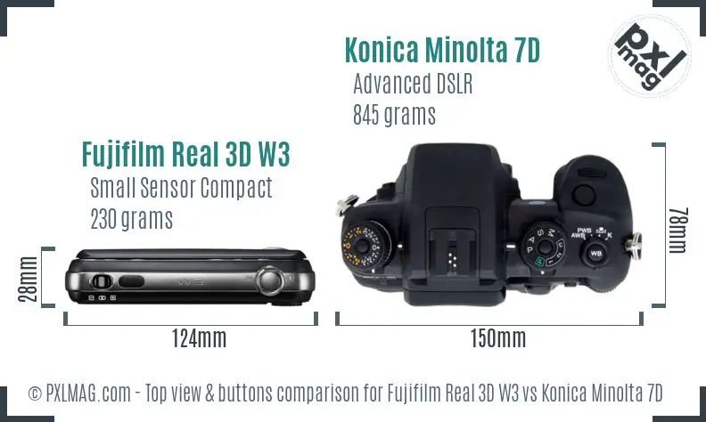 Fujifilm Real 3D W3 vs Konica Minolta 7D top view buttons comparison