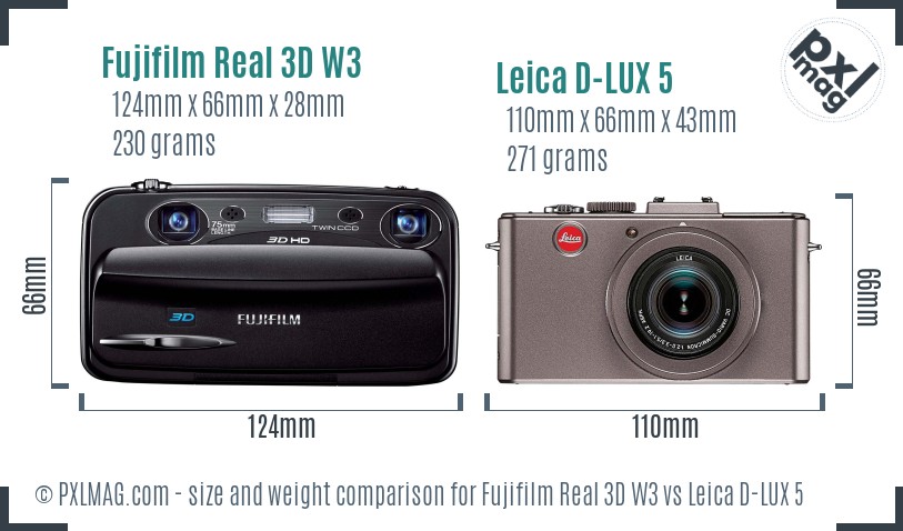 Fujifilm Real 3D W3 vs Leica D-LUX 5 size comparison
