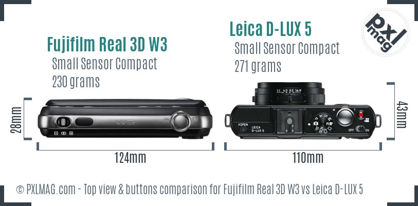 Fujifilm Real 3D W3 vs Leica D-LUX 5 top view buttons comparison