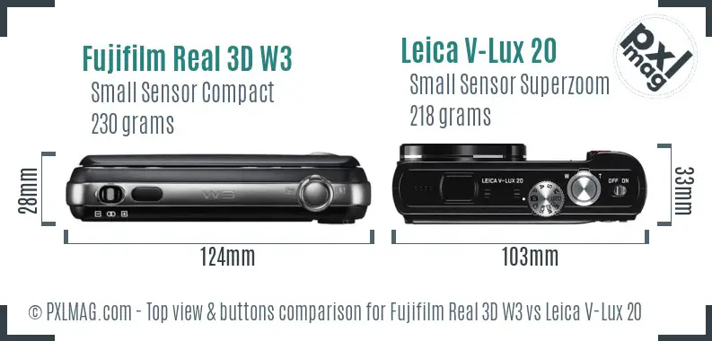 Fujifilm Real 3D W3 vs Leica V-Lux 20 top view buttons comparison