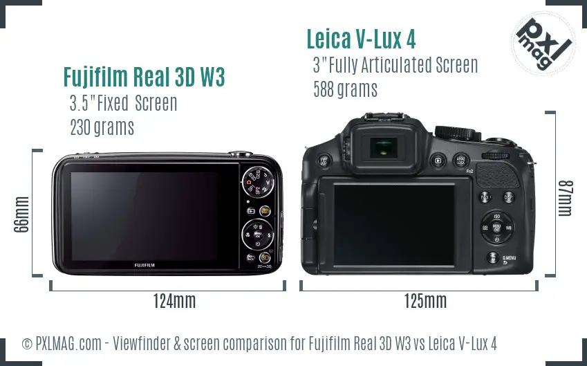 Fujifilm Real 3D W3 vs Leica V-Lux 4 Screen and Viewfinder comparison