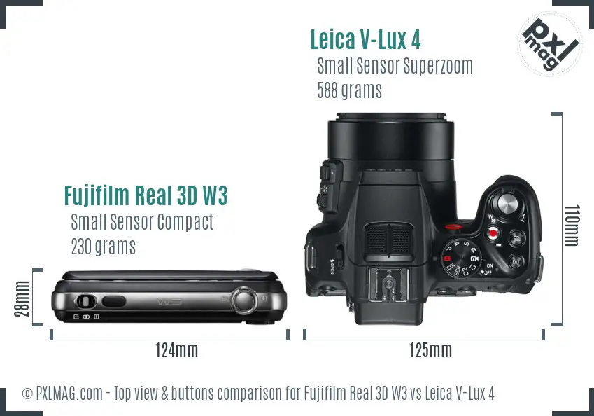 Fujifilm Real 3D W3 vs Leica V-Lux 4 top view buttons comparison