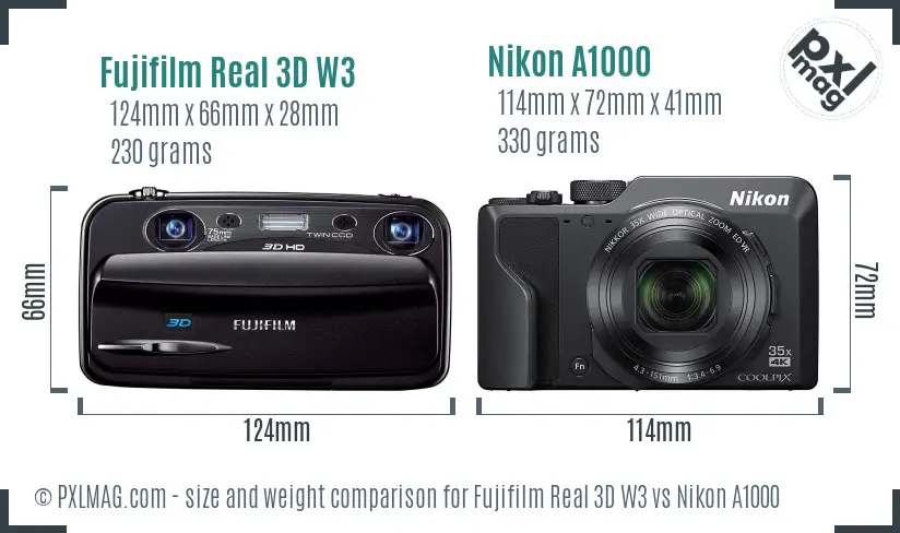 Fujifilm Real 3D W3 vs Nikon A1000 size comparison