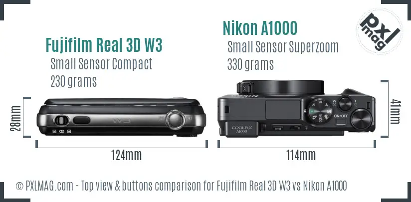 Fujifilm Real 3D W3 vs Nikon A1000 top view buttons comparison