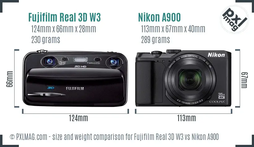 Fujifilm Real 3D W3 vs Nikon A900 size comparison