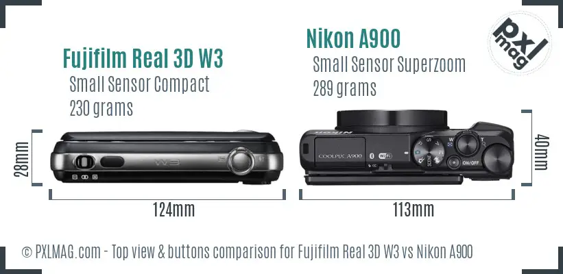 Fujifilm Real 3D W3 vs Nikon A900 top view buttons comparison