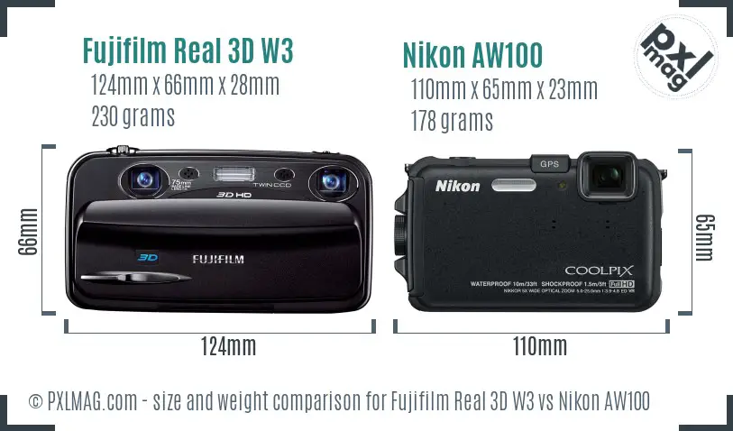 Fujifilm Real 3D W3 vs Nikon AW100 size comparison