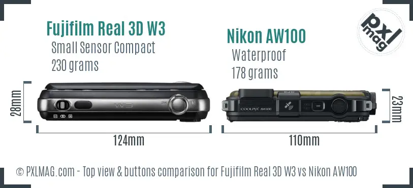 Fujifilm Real 3D W3 vs Nikon AW100 top view buttons comparison