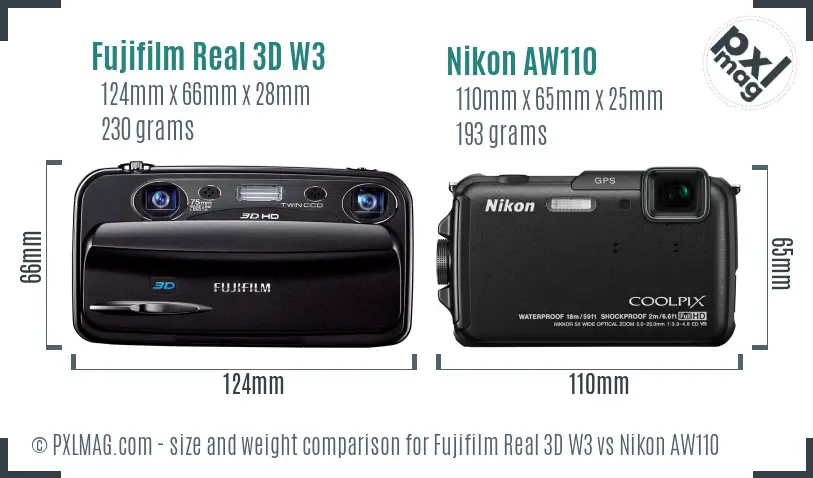 Fujifilm Real 3D W3 vs Nikon AW110 size comparison Fujifilm Real 3D W3 vs Nikon AW110 size comparison