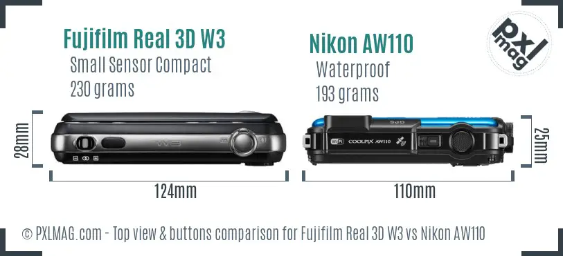 Fujifilm Real 3D W3 vs Nikon AW110 top view buttons comparison Fujifilm Real 3D W3 vs Nikon AW110 top view buttons comparison