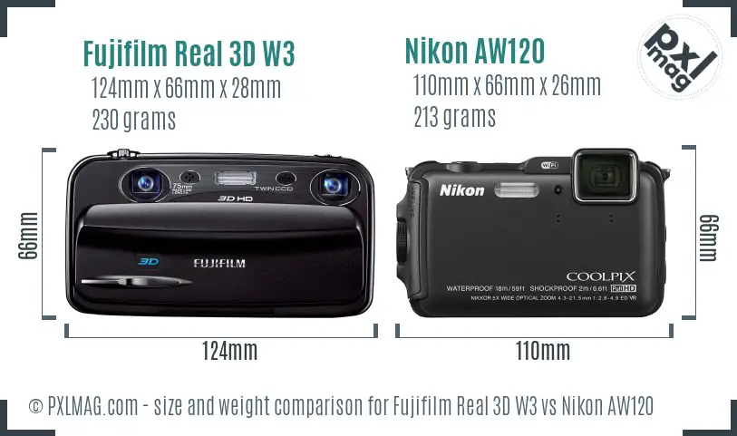 Fujifilm Real 3D W3 vs Nikon AW120 size comparison