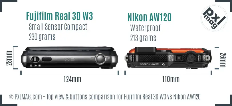 Fujifilm Real 3D W3 vs Nikon AW120 top view buttons comparison