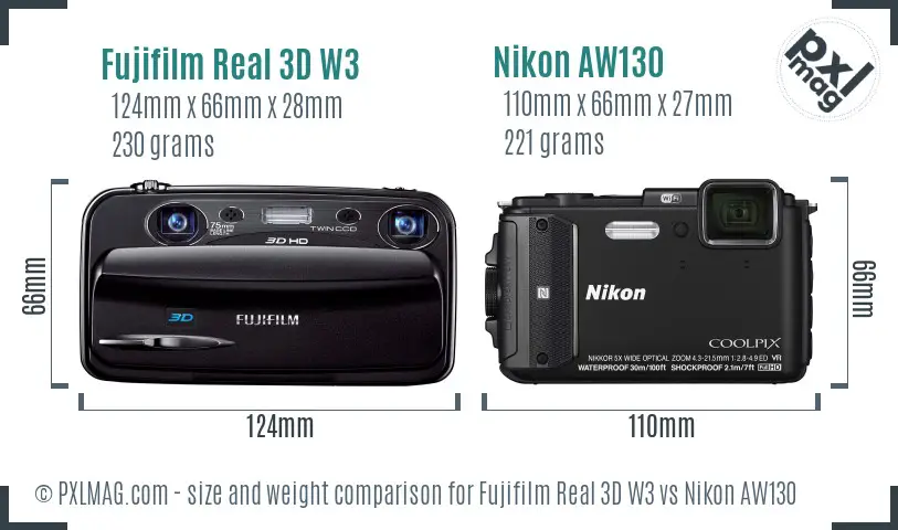 Fujifilm Real 3D W3 vs Nikon AW130 size comparison