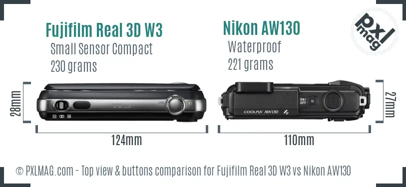 Fujifilm Real 3D W3 vs Nikon AW130 top view buttons comparison