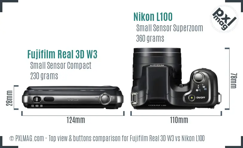 Fujifilm Real 3D W3 vs Nikon L100 top view buttons comparison