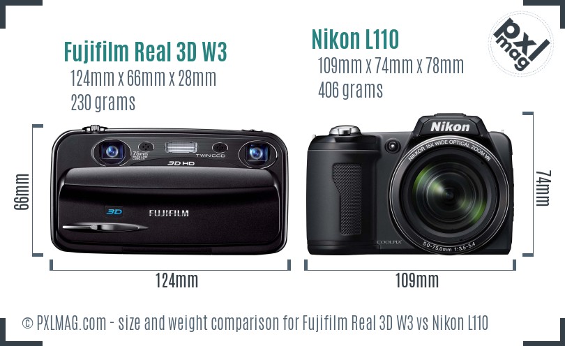 Fujifilm Real 3D W3 vs Nikon L110 size comparison Fujifilm Real 3D W3 vs Nikon L110 size comparison