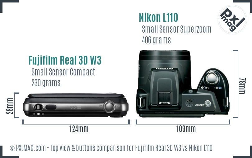 Fujifilm Real 3D W3 vs Nikon L110 top view buttons comparison