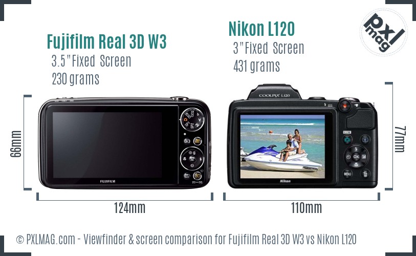 Fujifilm Real 3D W3 vs Nikon L120 Screen and Viewfinder comparison