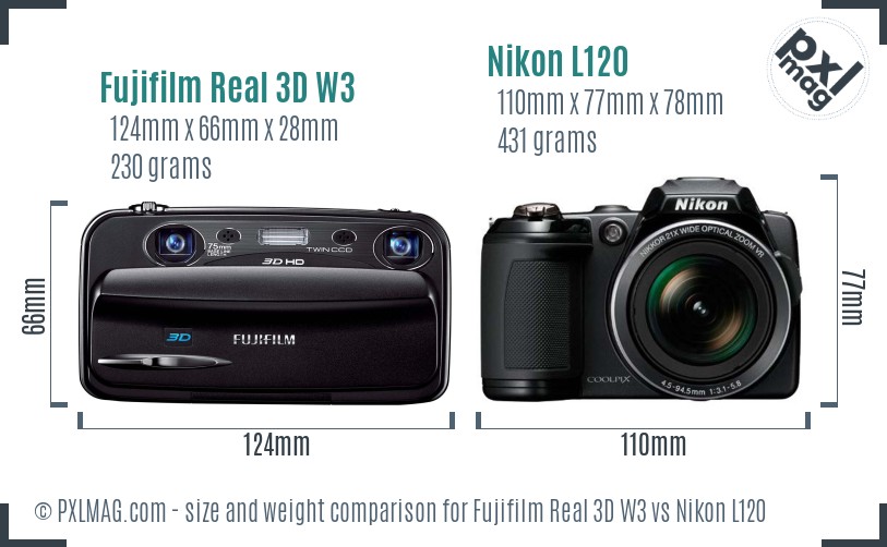 Fujifilm Real 3D W3 vs Nikon L120 size comparison