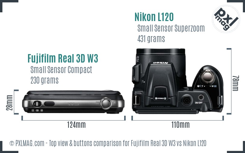 Fujifilm Real 3D W3 vs Nikon L120 top view buttons comparison