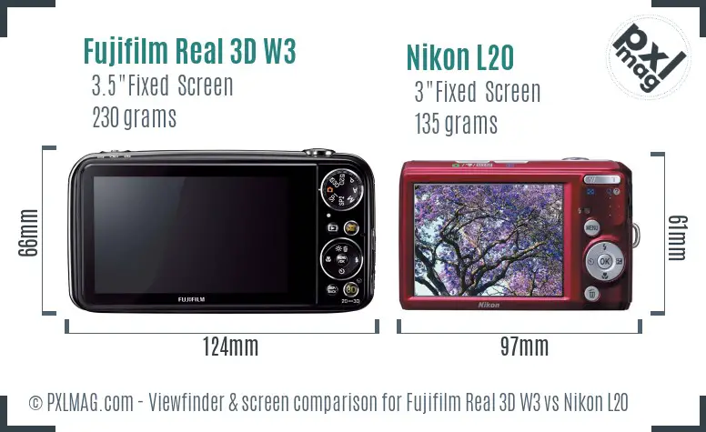 Fujifilm Real 3D W3 vs Nikon L20 Screen and Viewfinder comparison