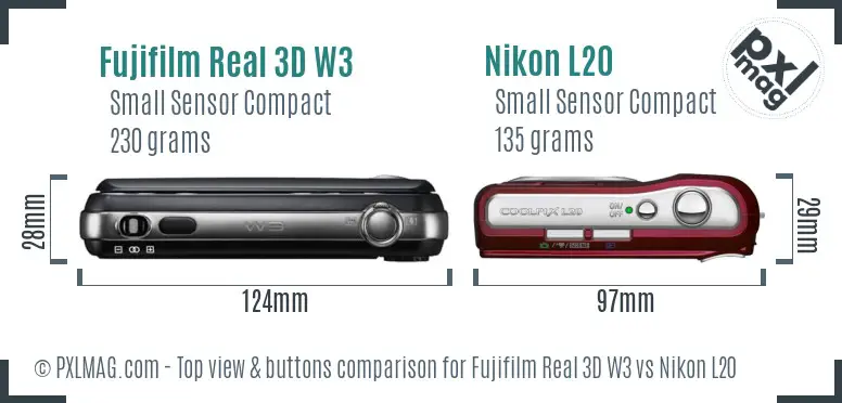 Fujifilm Real 3D W3 vs Nikon L20 top view buttons comparison