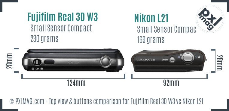 Fujifilm Real 3D W3 vs Nikon L21 top view buttons comparison