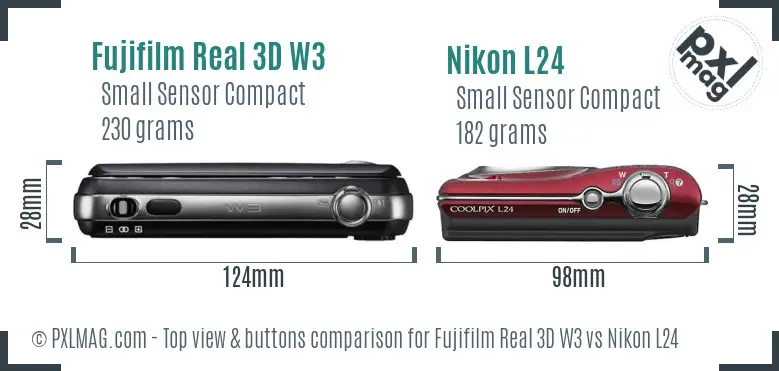 Fujifilm Real 3D W3 vs Nikon L24 top view buttons comparison Fujifilm Real 3D W3 vs Nikon L24 top view buttons comparison