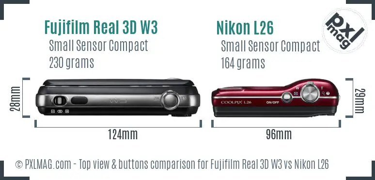 Fujifilm Real 3D W3 vs Nikon L26 top view buttons comparison