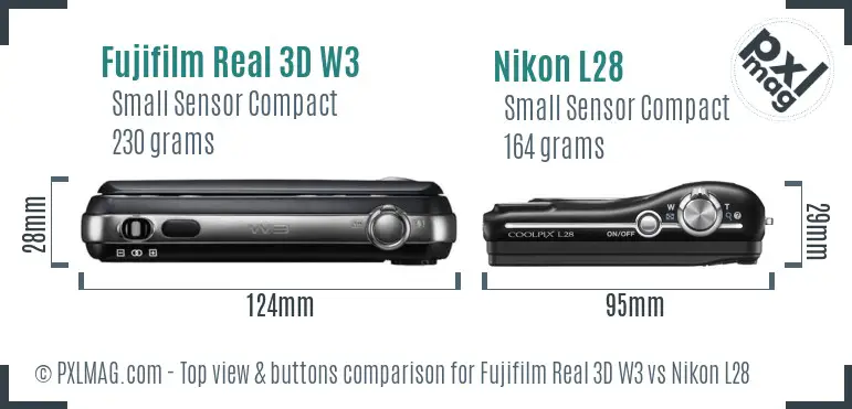 Fujifilm Real 3D W3 vs Nikon L28 top view buttons comparison