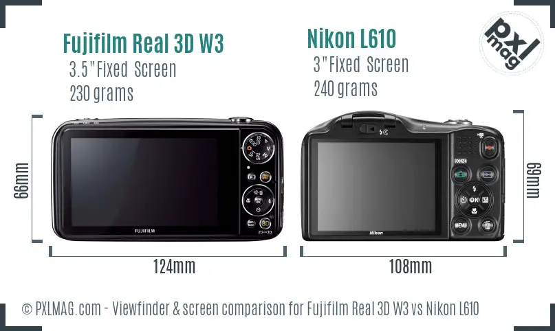 Fujifilm Real 3D W3 vs Nikon L610 Screen and Viewfinder comparison