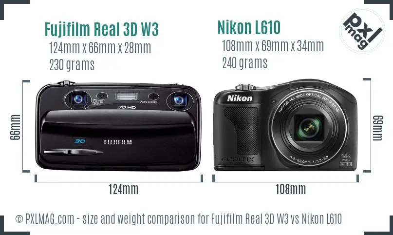 Fujifilm Real 3D W3 vs Nikon L610 size comparison