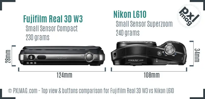 Fujifilm Real 3D W3 vs Nikon L610 top view buttons comparison