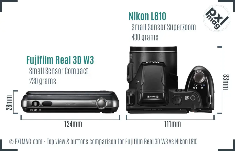 Fujifilm Real 3D W3 vs Nikon L810 top view buttons comparison