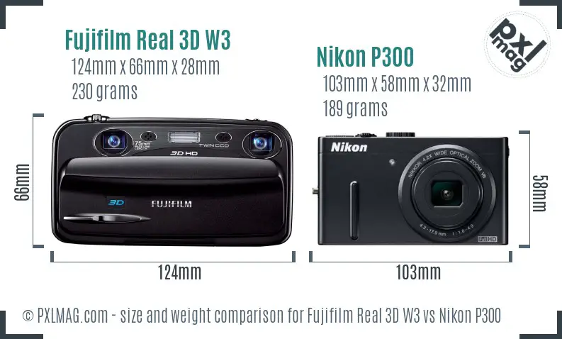 Fujifilm Real 3D W3 vs Nikon P300 size comparison
