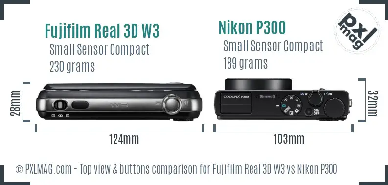 Fujifilm Real 3D W3 vs Nikon P300 top view buttons comparison